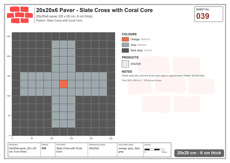 Interlock (Pasco) 20x20 cm · SQ22-39 · Slate Cross with Coral Core · Laying plan Interlock (Pasco) 20x20 cm · SQ22-39 · Slate Cross with Coral Core · Laying plan