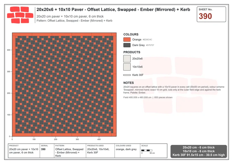Interlock (Pasco) 20x20 cm · SQ22-390 · Offset Lattice, Swapped - Ember (Mirrored) + Kerb · Laying plan Interlock (Pasco) 20x20 cm · SQ22-390 · Offset Lattice, Swapped - Ember (Mirrored) + Kerb · Laying plan