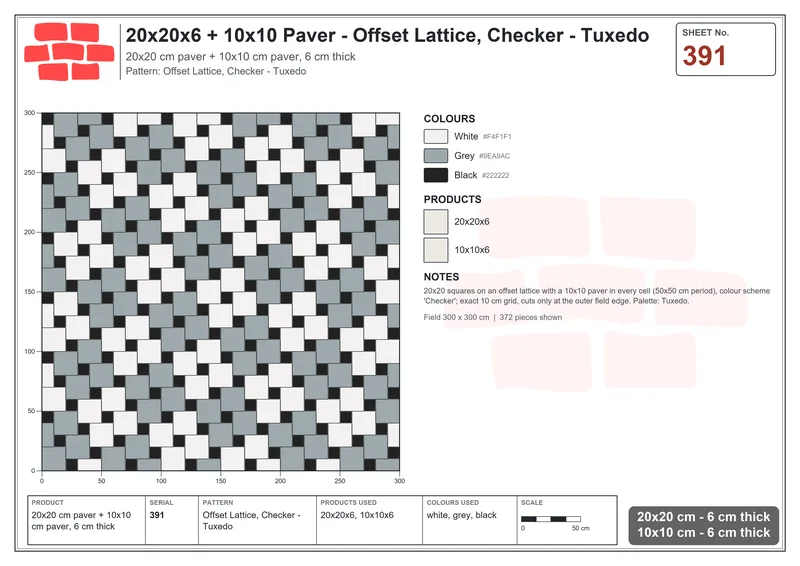 Interlock (Pasco) 20x20 cm · SQ22-391 · Offset Lattice, Checker - Tuxedo · Laying plan Interlock (Pasco) 20x20 cm · SQ22-391 · Offset Lattice, Checker - Tuxedo · Laying plan