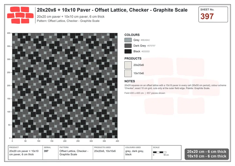 Interlock (Pasco) 20x20 cm · SQ22-397 · Offset Lattice, Checker - Graphite Scale · Laying plan Interlock (Pasco) 20x20 cm · SQ22-397 · Offset Lattice, Checker - Graphite Scale · Laying plan
