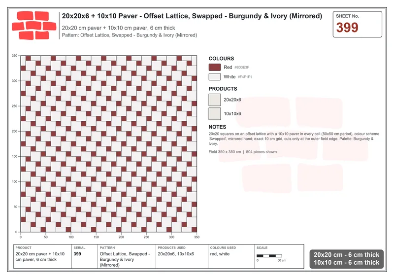 Interlock (Pasco) 20x20 cm · SQ22-399 · Offset Lattice, Swapped - Burgundy & Ivory (Mirrored) · Laying plan Interlock (Pasco) 20x20 cm · SQ22-399 · Offset Lattice, Swapped - Burgundy & Ivory (Mirrored) · Laying plan
