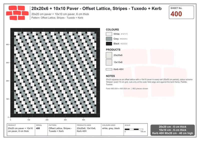 Interlock (Pasco) 20x20 cm · SQ22-400 · Offset Lattice, Stripes - Tuxedo + Kerb · Laying plan Interlock (Pasco) 20x20 cm · SQ22-400 · Offset Lattice, Stripes - Tuxedo + Kerb · Laying plan