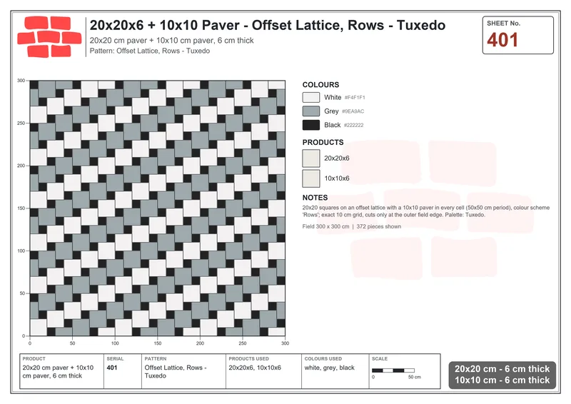 Interlock (Pasco) 20x20 cm · SQ22-401 · Offset Lattice, Rows - Tuxedo · Laying plan Interlock (Pasco) 20x20 cm · SQ22-401 · Offset Lattice, Rows - Tuxedo · Laying plan