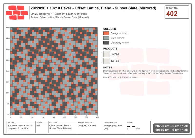 Interlock (Pasco) 20x20 cm · SQ22-402 · Offset Lattice, Blend - Sunset Slate (Mirrored) · Laying plan Interlock (Pasco) 20x20 cm · SQ22-402 · Offset Lattice, Blend - Sunset Slate (Mirrored) · Laying plan