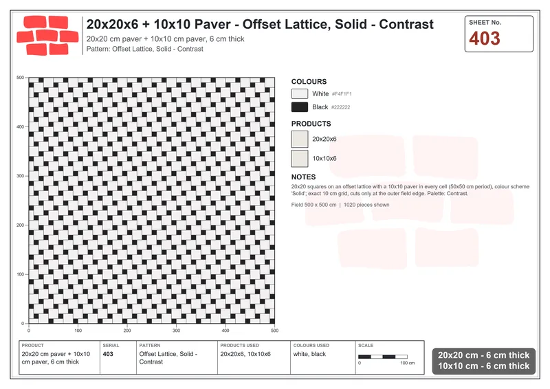 Interlock (Pasco) 20x20 cm · SQ22-403 · Offset Lattice, Solid - Contrast · Laying plan Interlock (Pasco) 20x20 cm · SQ22-403 · Offset Lattice, Solid - Contrast · Laying plan