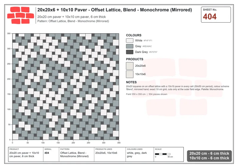 Interlock (Pasco) 20x20 cm · SQ22-404 · Offset Lattice, Blend - Monochrome (Mirrored) · Laying plan Interlock (Pasco) 20x20 cm · SQ22-404 · Offset Lattice, Blend - Monochrome (Mirrored) · Laying plan