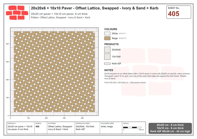 Interlock (Pasco) 20x20 cm · SQ22-405 · Offset Lattice, Swapped - Ivory & Sand + Kerb · Laying plan Interlock (Pasco) 20x20 cm · SQ22-405 · Offset Lattice, Swapped - Ivory & Sand + Kerb · Laying plan