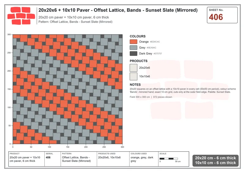 Interlock (Pasco) 20x20 cm · SQ22-406 · Offset Lattice, Bands - Sunset Slate (Mirrored) · Laying plan Interlock (Pasco) 20x20 cm · SQ22-406 · Offset Lattice, Bands - Sunset Slate (Mirrored) · Laying plan
