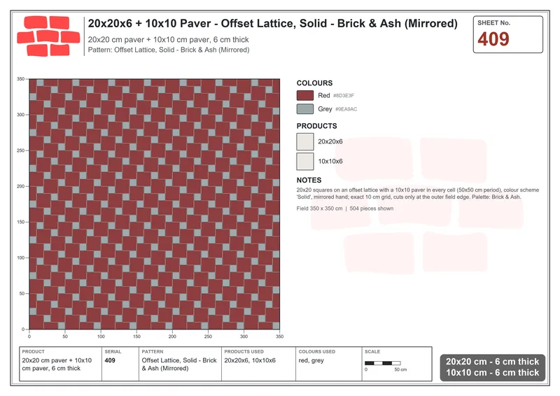 Interlock (Pasco) 20x20 cm · SQ22-409 · Offset Lattice, Solid - Brick & Ash (Mirrored) · Laying plan Interlock (Pasco) 20x20 cm · SQ22-409 · Offset Lattice, Solid - Brick & Ash (Mirrored) · Laying plan