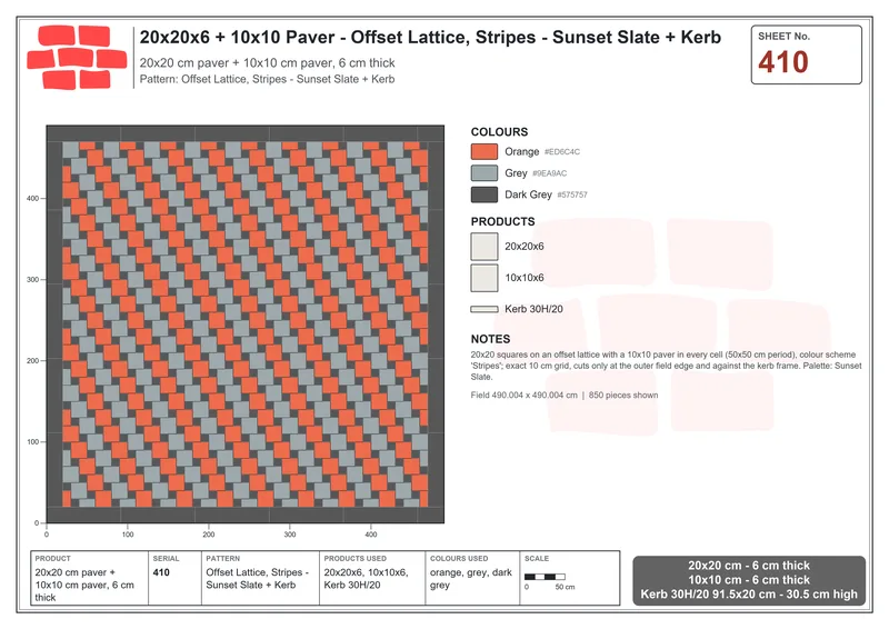 Interlock (Pasco) 20x20 cm · SQ22-410 · Offset Lattice, Stripes - Sunset Slate + Kerb · Laying plan Interlock (Pasco) 20x20 cm · SQ22-410 · Offset Lattice, Stripes - Sunset Slate + Kerb · Laying plan