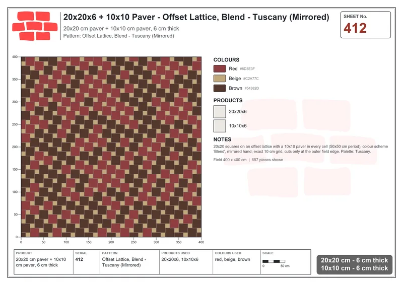 Interlock (Pasco) 20x20 cm · SQ22-412 · Offset Lattice, Blend - Tuscany (Mirrored) · Laying plan Interlock (Pasco) 20x20 cm · SQ22-412 · Offset Lattice, Blend - Tuscany (Mirrored) · Laying plan
