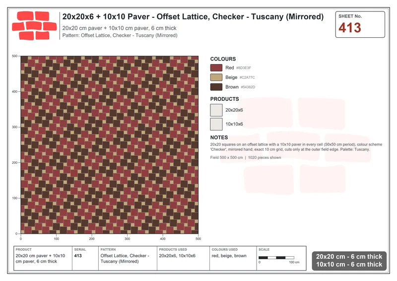 Interlock (Pasco) 20x20 cm · SQ22-413 · Offset Lattice, Checker - Tuscany (Mirrored) · Laying plan Interlock (Pasco) 20x20 cm · SQ22-413 · Offset Lattice, Checker - Tuscany (Mirrored) · Laying plan