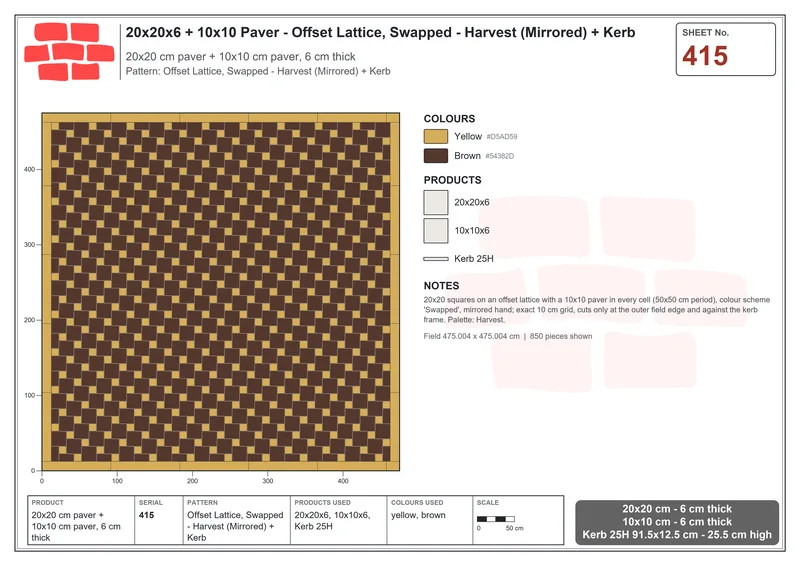 Interlock (Pasco) 20x20 cm · SQ22-415 · Offset Lattice, Swapped - Harvest (Mirrored) + Kerb · Laying plan Interlock (Pasco) 20x20 cm · SQ22-415 · Offset Lattice, Swapped - Harvest (Mirrored) + Kerb · Laying plan