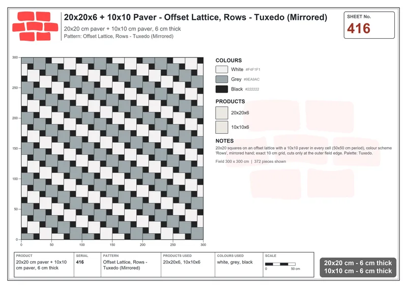 Interlock (Pasco) 20x20 cm · SQ22-416 · Offset Lattice, Rows - Tuxedo (Mirrored) · Laying plan Interlock (Pasco) 20x20 cm · SQ22-416 · Offset Lattice, Rows - Tuxedo (Mirrored) · Laying plan