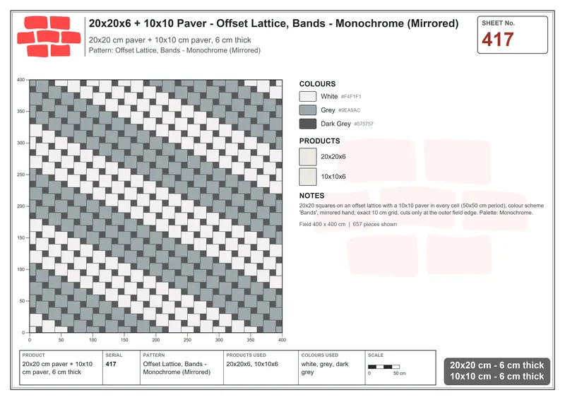 Interlock (Pasco) 20x20 cm · SQ22-417 · Offset Lattice, Bands - Monochrome (Mirrored) · Laying plan Interlock (Pasco) 20x20 cm · SQ22-417 · Offset Lattice, Bands - Monochrome (Mirrored) · Laying plan