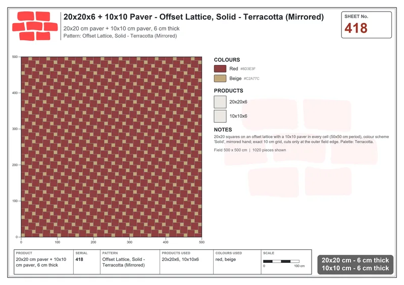 Interlock (Pasco) 20x20 cm · SQ22-418 · Offset Lattice, Solid - Terracotta (Mirrored) · Laying plan Interlock (Pasco) 20x20 cm · SQ22-418 · Offset Lattice, Solid - Terracotta (Mirrored) · Laying plan