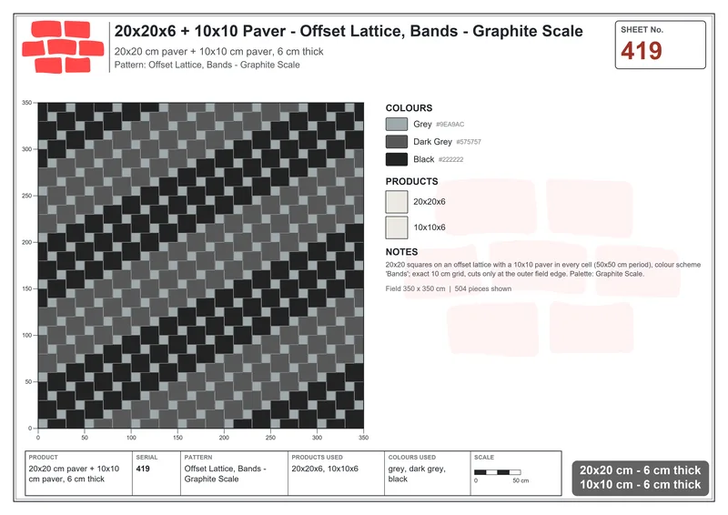 Interlock (Pasco) 20x20 cm · SQ22-419 · Offset Lattice, Bands - Graphite Scale · Laying plan Interlock (Pasco) 20x20 cm · SQ22-419 · Offset Lattice, Bands - Graphite Scale · Laying plan