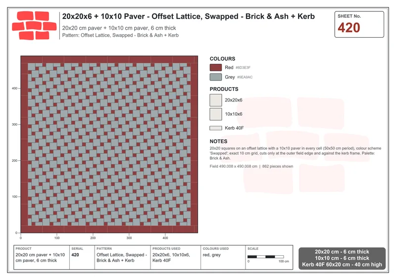 Interlock (Pasco) 20x20 cm · SQ22-420 · Offset Lattice, Swapped - Brick & Ash + Kerb · Laying plan Interlock (Pasco) 20x20 cm · SQ22-420 · Offset Lattice, Swapped - Brick & Ash + Kerb · Laying plan
