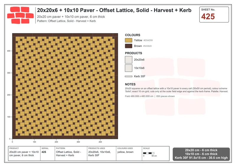 Interlock (Pasco) 20x20 cm · SQ22-425 · Offset Lattice, Solid - Harvest + Kerb · Laying plan Interlock (Pasco) 20x20 cm · SQ22-425 · Offset Lattice, Solid - Harvest + Kerb · Laying plan