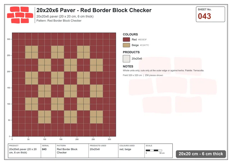 Interlock (Pasco) 20x20 cm · SQ22-43 · Red Border Block Checker · Laying plan Interlock (Pasco) 20x20 cm · SQ22-43 · Red Border Block Checker · Laying plan