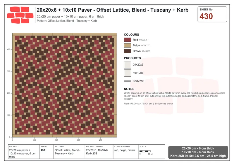 Interlock (Pasco) 20x20 cm · SQ22-430 · Offset Lattice, Blend - Tuscany + Kerb · Laying plan Interlock (Pasco) 20x20 cm · SQ22-430 · Offset Lattice, Blend - Tuscany + Kerb · Laying plan