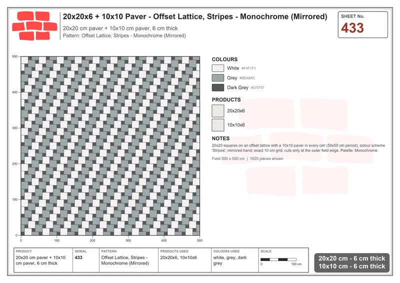 Interlock (Pasco) 20x20 cm · SQ22-433 · Offset Lattice, Stripes - Monochrome (Mirrored) · Laying plan Interlock (Pasco) 20x20 cm · SQ22-433 · Offset Lattice, Stripes - Monochrome (Mirrored) · Laying plan