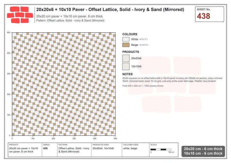 Interlock (Pasco) 20x20 cm · SQ22-438 · Offset Lattice, Solid - Ivory & Sand (Mirrored) · Laying plan Interlock (Pasco) 20x20 cm · SQ22-438 · Offset Lattice, Solid - Ivory & Sand (Mirrored) · Laying plan
