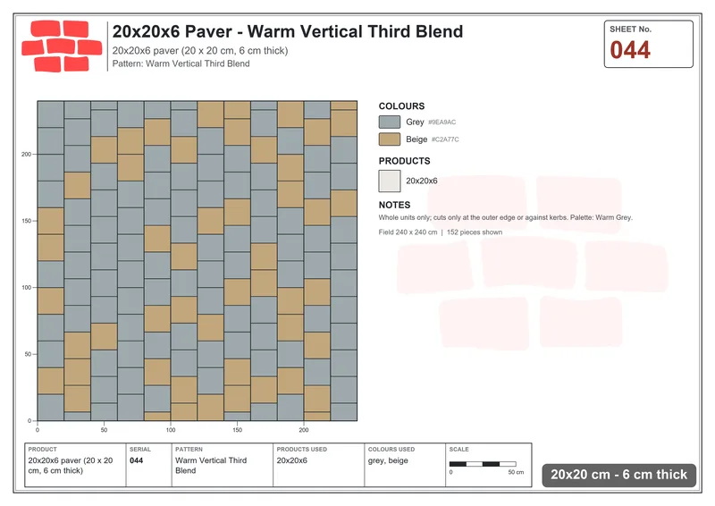 Interlock (Pasco) 20x20 cm · SQ22-44 · Warm Vertical Third Blend · Laying plan Interlock (Pasco) 20x20 cm · SQ22-44 · Warm Vertical Third Blend · Laying plan