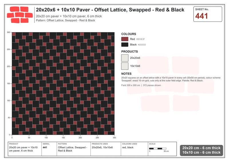 Interlock (Pasco) 20x20 cm · SQ22-441 · Offset Lattice, Swapped - Red & Black · Laying plan Interlock (Pasco) 20x20 cm · SQ22-441 · Offset Lattice, Swapped - Red & Black · Laying plan