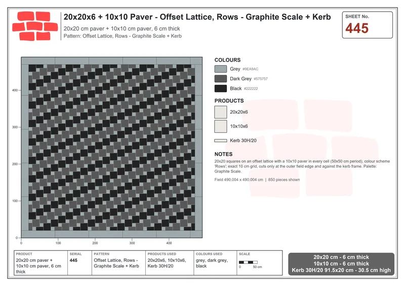 Interlock (Pasco) 20x20 cm · SQ22-445 · Offset Lattice, Rows - Graphite Scale + Kerb · Laying plan Interlock (Pasco) 20x20 cm · SQ22-445 · Offset Lattice, Rows - Graphite Scale + Kerb · Laying plan