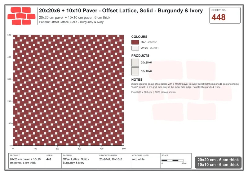 Interlock (Pasco) 20x20 cm · SQ22-448 · Offset Lattice, Solid - Burgundy & Ivory · Laying plan Interlock (Pasco) 20x20 cm · SQ22-448 · Offset Lattice, Solid - Burgundy & Ivory · Laying plan