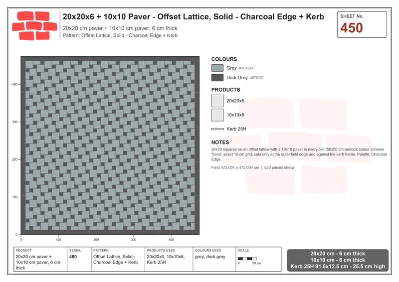 Interlock (Pasco) 20x20 cm · SQ22-450 · Offset Lattice, Solid - Charcoal Edge + Kerb · Laying plan Interlock (Pasco) 20x20 cm · SQ22-450 · Offset Lattice, Solid - Charcoal Edge + Kerb · Laying plan