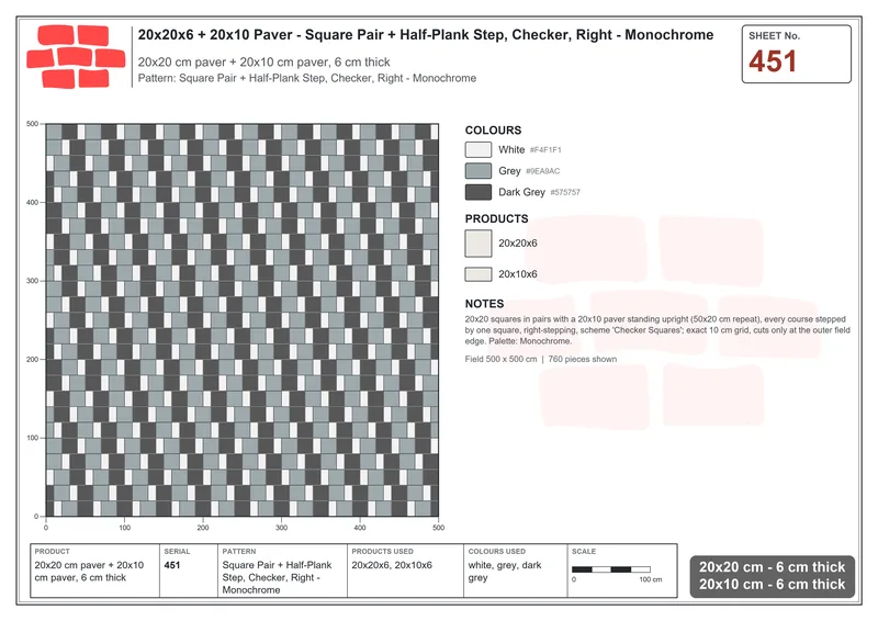 Interlock (Pasco) 20x20 cm · SQ22-451 · Square Pair + Half-Plank Step, Checker, Right - Monochrome · Laying plan Interlock (Pasco) 20x20 cm · SQ22-451 · Square Pair + Half-Plank Step, Checker, Right - Monochrome · Laying plan