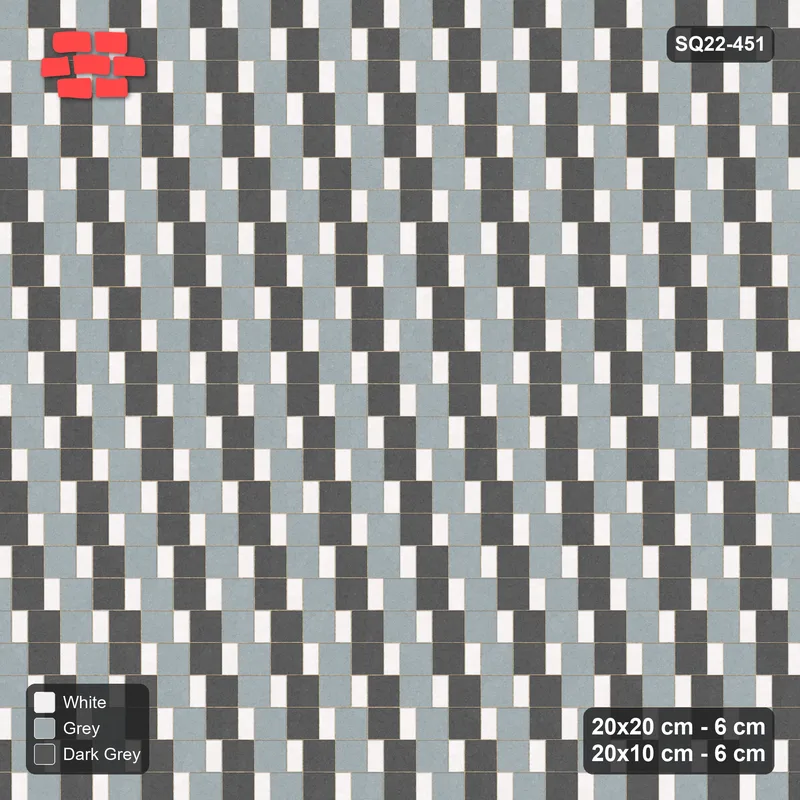 Interlock (Pasco) 20x20 cm · SQ22-451 · Square Pair + Half-Plank Step, Checker, Right - Monochrome · Top view