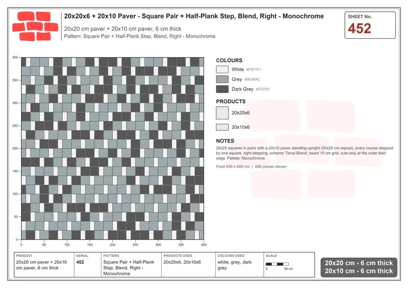 Interlock (Pasco) 20x20 cm · SQ22-452 · Square Pair + Half-Plank Step, Blend, Right - Monochrome · Laying plan Interlock (Pasco) 20x20 cm · SQ22-452 · Square Pair + Half-Plank Step, Blend, Right - Monochrome · Laying plan