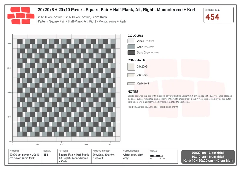 Interlock (Pasco) 20x20 cm · SQ22-454 · Square Pair + Half-Plank, Alt, Right - Monochrome + Kerb · Laying plan Interlock (Pasco) 20x20 cm · SQ22-454 · Square Pair + Half-Plank, Alt, Right - Monochrome + Kerb · Laying plan
