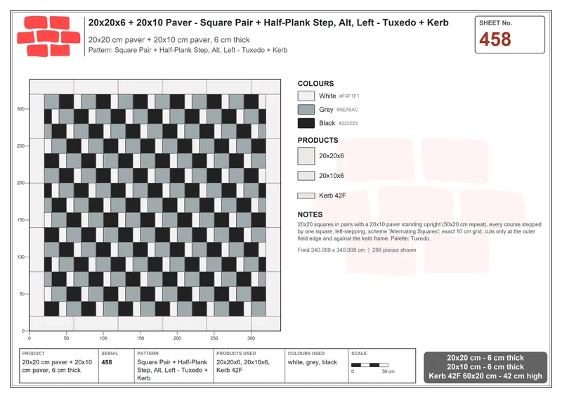 Interlock (Pasco) 20x20 cm · SQ22-458 · Square Pair + Half-Plank Step, Alt, Left - Tuxedo + Kerb · Laying plan Interlock (Pasco) 20x20 cm · SQ22-458 · Square Pair + Half-Plank Step, Alt, Left - Tuxedo + Kerb · Laying plan