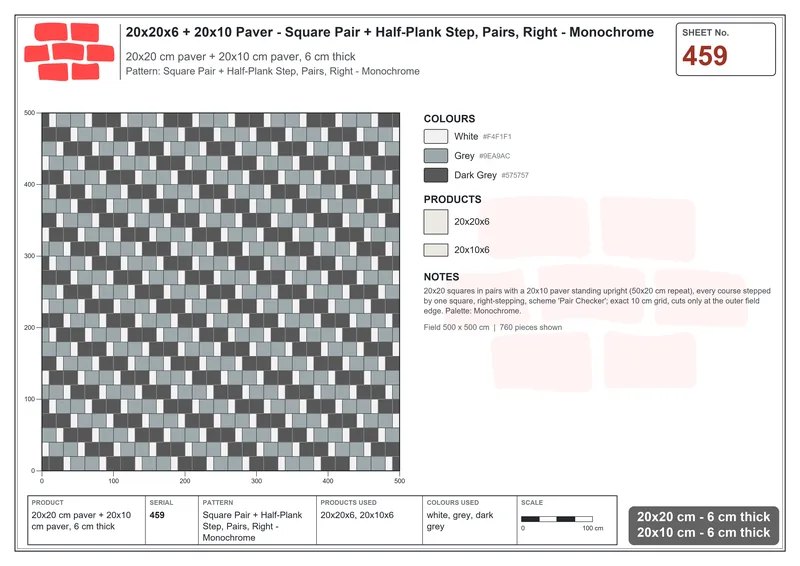 Interlock (Pasco) 20x20 cm · SQ22-459 · Square Pair + Half-Plank Step, Pairs, Right - Monochrome · Laying plan Interlock (Pasco) 20x20 cm · SQ22-459 · Square Pair + Half-Plank Step, Pairs, Right - Monochrome · Laying plan