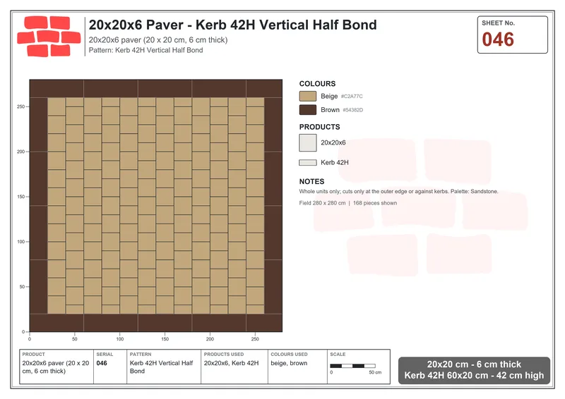 Interlock (Pasco) 20x20 cm · SQ22-46 · Kerb 42H Vertical Half Bond · Laying plan Interlock (Pasco) 20x20 cm · SQ22-46 · Kerb 42H Vertical Half Bond · Laying plan