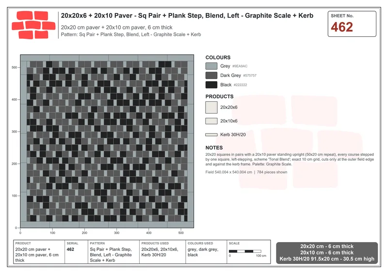 Interlock (Pasco) 20x20 cm · SQ22-462 · Sq Pair + Plank Step, Blend, Left - Graphite Scale + Kerb · Laying plan Interlock (Pasco) 20x20 cm · SQ22-462 · Sq Pair + Plank Step, Blend, Left - Graphite Scale + Kerb · Laying plan