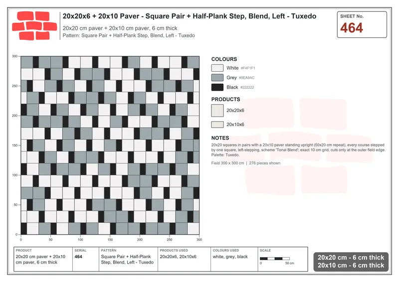Interlock (Pasco) 20x20 cm · SQ22-464 · Square Pair + Half-Plank Step, Blend, Left - Tuxedo · Laying plan Interlock (Pasco) 20x20 cm · SQ22-464 · Square Pair + Half-Plank Step, Blend, Left - Tuxedo · Laying plan