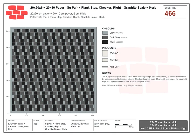 Interlock (Pasco) 20x20 cm · SQ22-466 · Sq Pair + Plank Step, Checker, Right - Graphite Scale + Kerb · Laying plan Interlock (Pasco) 20x20 cm · SQ22-466 · Sq Pair + Plank Step, Checker, Right - Graphite Scale + Kerb · Laying plan