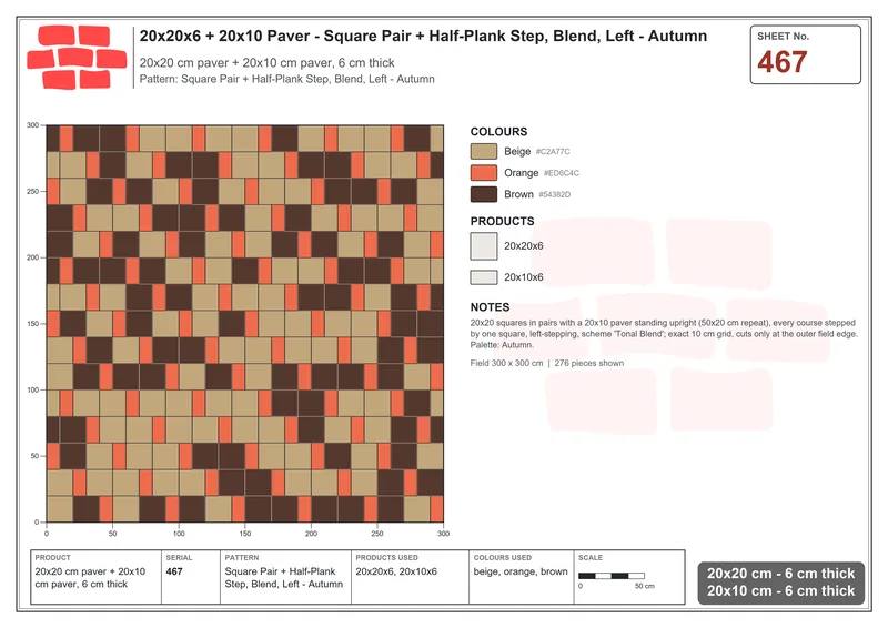 Interlock (Pasco) 20x20 cm · SQ22-467 · Square Pair + Half-Plank Step, Blend, Left - Autumn · Laying plan Interlock (Pasco) 20x20 cm · SQ22-467 · Square Pair + Half-Plank Step, Blend, Left - Autumn · Laying plan