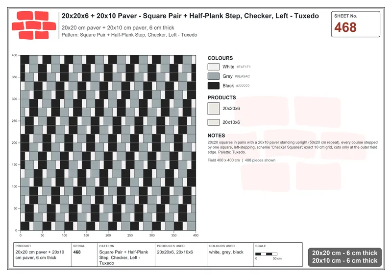 Interlock (Pasco) 20x20 cm · SQ22-468 · Square Pair + Half-Plank Step, Checker, Left - Tuxedo · Laying plan Interlock (Pasco) 20x20 cm · SQ22-468 · Square Pair + Half-Plank Step, Checker, Left - Tuxedo · Laying plan
