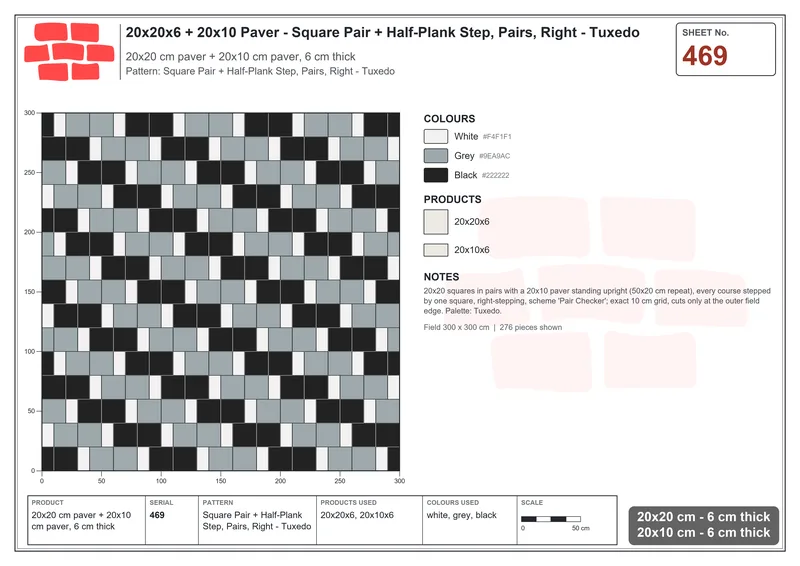 Interlock (Pasco) 20x20 cm · SQ22-469 · Square Pair + Half-Plank Step, Pairs, Right - Tuxedo · Laying plan Interlock (Pasco) 20x20 cm · SQ22-469 · Square Pair + Half-Plank Step, Pairs, Right - Tuxedo · Laying plan