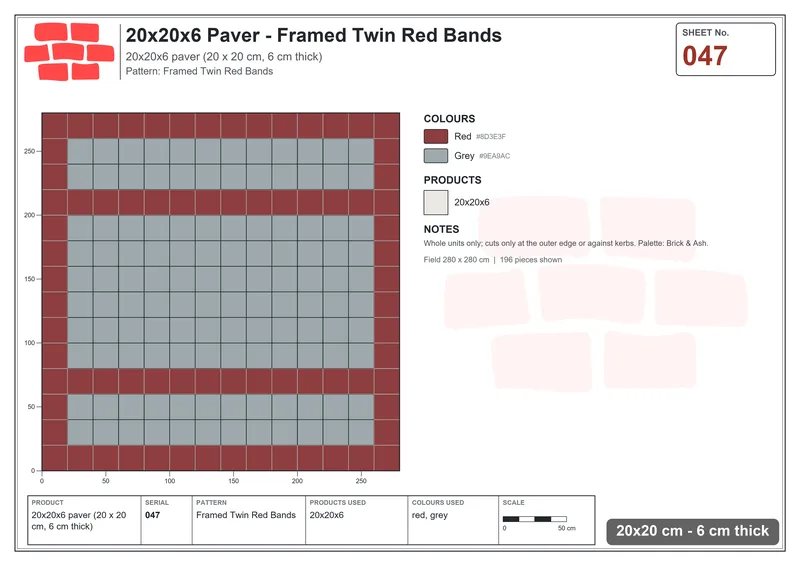 Interlock (Pasco) 20x20 cm · SQ22-47 · Framed Twin Red Bands · Laying plan Interlock (Pasco) 20x20 cm · SQ22-47 · Framed Twin Red Bands · Laying plan