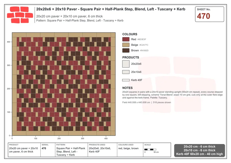 Interlock (Pasco) 20x20 cm · SQ22-470 · Square Pair + Half-Plank Step, Blend, Left - Tuscany + Kerb · Laying plan Interlock (Pasco) 20x20 cm · SQ22-470 · Square Pair + Half-Plank Step, Blend, Left - Tuscany + Kerb · Laying plan