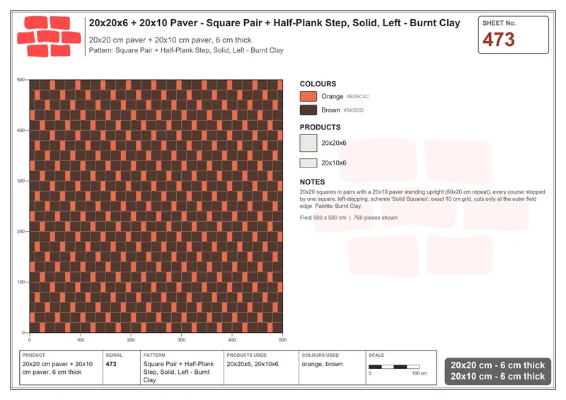 Interlock (Pasco) 20x20 cm · SQ22-473 · Square Pair + Half-Plank Step, Solid, Left - Burnt Clay · Laying plan Interlock (Pasco) 20x20 cm · SQ22-473 · Square Pair + Half-Plank Step, Solid, Left - Burnt Clay · Laying plan