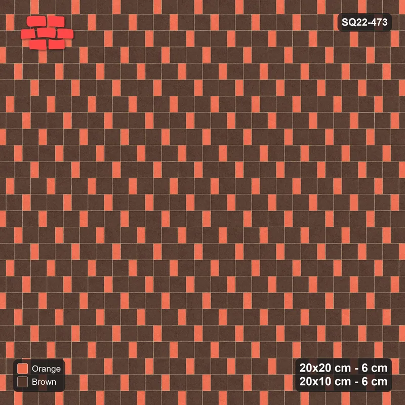 Interlock (Pasco) 20x20 cm · SQ22-473 · Square Pair + Half-Plank Step, Solid, Left - Burnt Clay · Top view