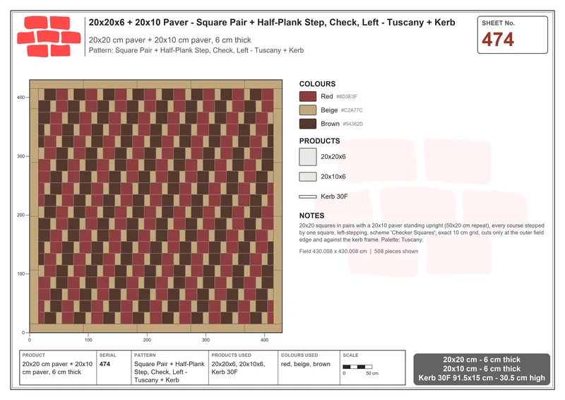 Interlock (Pasco) 20x20 cm · SQ22-474 · Square Pair + Half-Plank Step, Check, Left - Tuscany + Kerb · Laying plan Interlock (Pasco) 20x20 cm · SQ22-474 · Square Pair + Half-Plank Step, Check, Left - Tuscany + Kerb · Laying plan